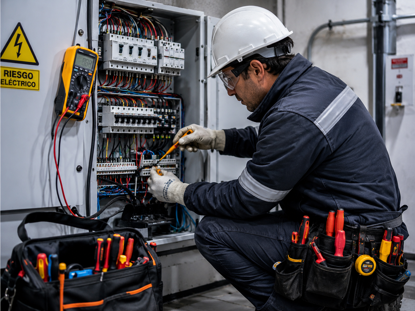 Técnico electricista realizando diagnóstico y reparación de fallas eléctricas en tablero de distribución utilizando equipos de medición y elementos de protección personal.