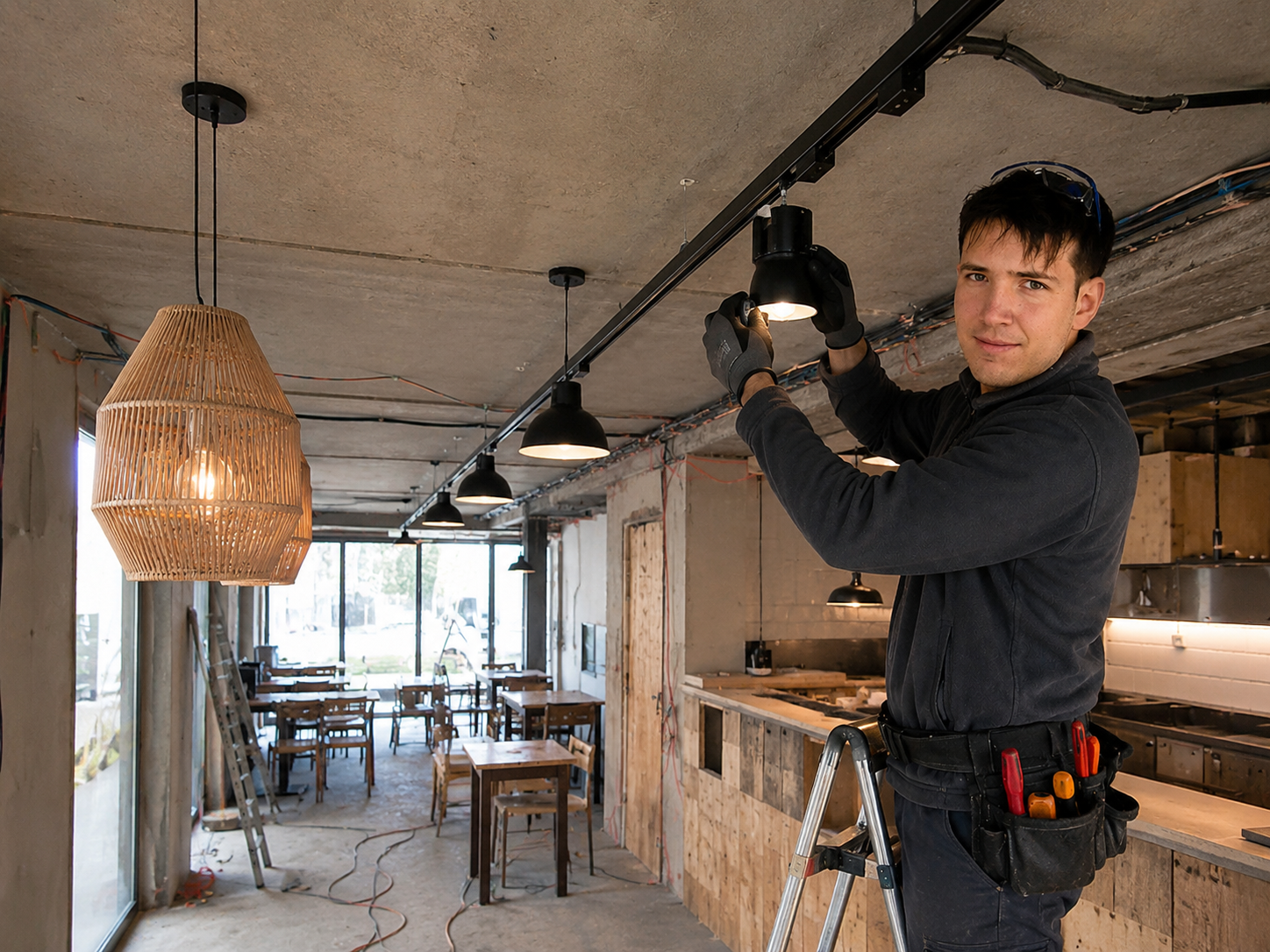 "Electricista realizando instalación de iluminación LED en local comercial. Servicio profesional de instalaciones eléctricas, canalizaciones y montaje de luminarias realizado por Electric Blessing Muñoz SPA."